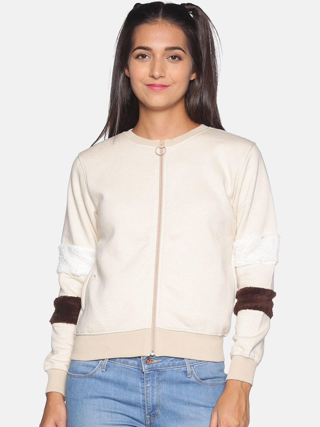 Campus Sutra Women Beige Solid Stylish Casual Outdoor Bomber Jacket