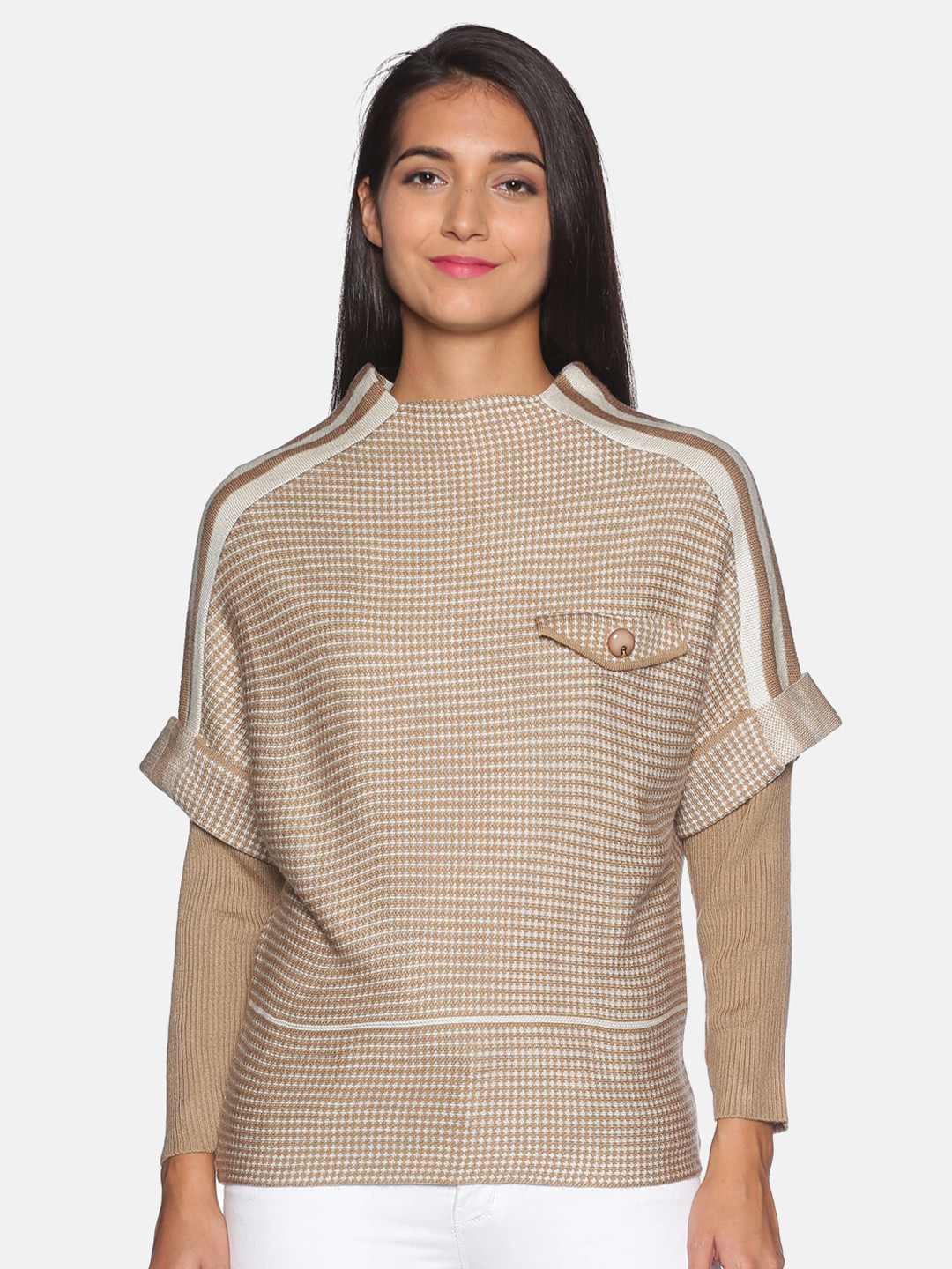 Campus Sutra Women Brown & White Cable Knit Printed Pullover