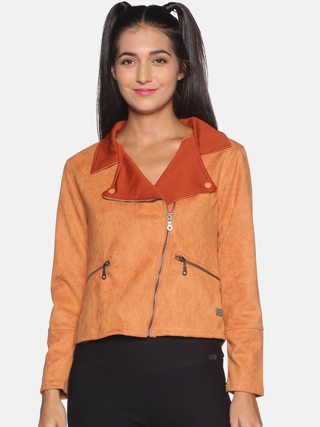 Campus Sutra Women Tan Suede Windcheater Biker Jacket