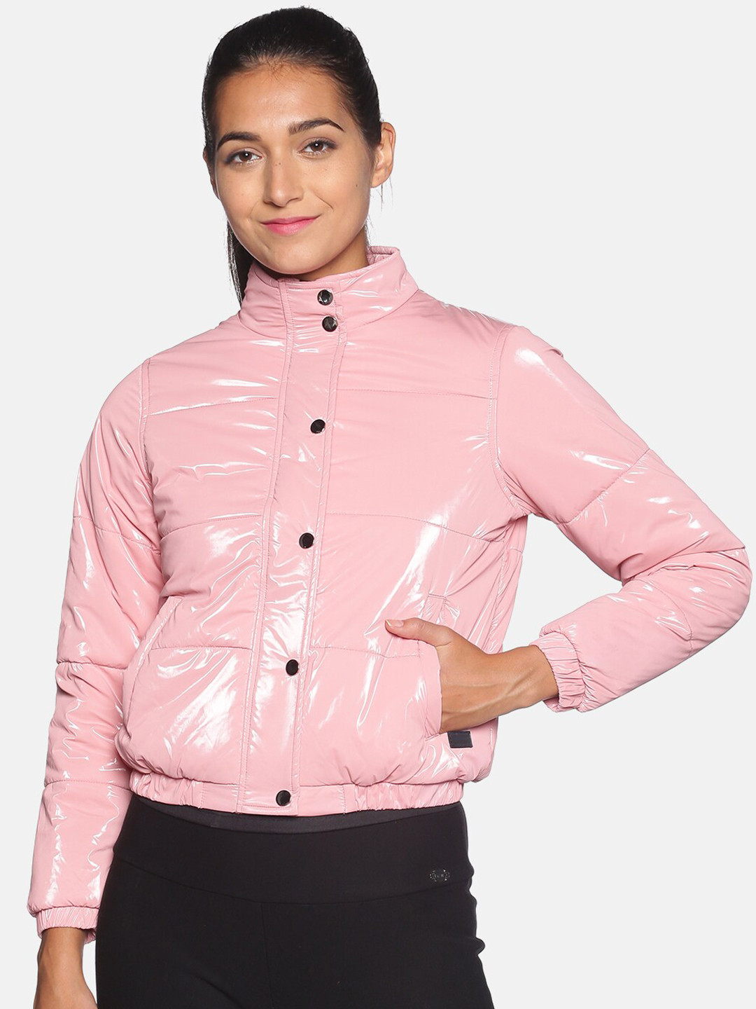 Campus Sutra Women Pink Windcheater Crop Puffer Jacket