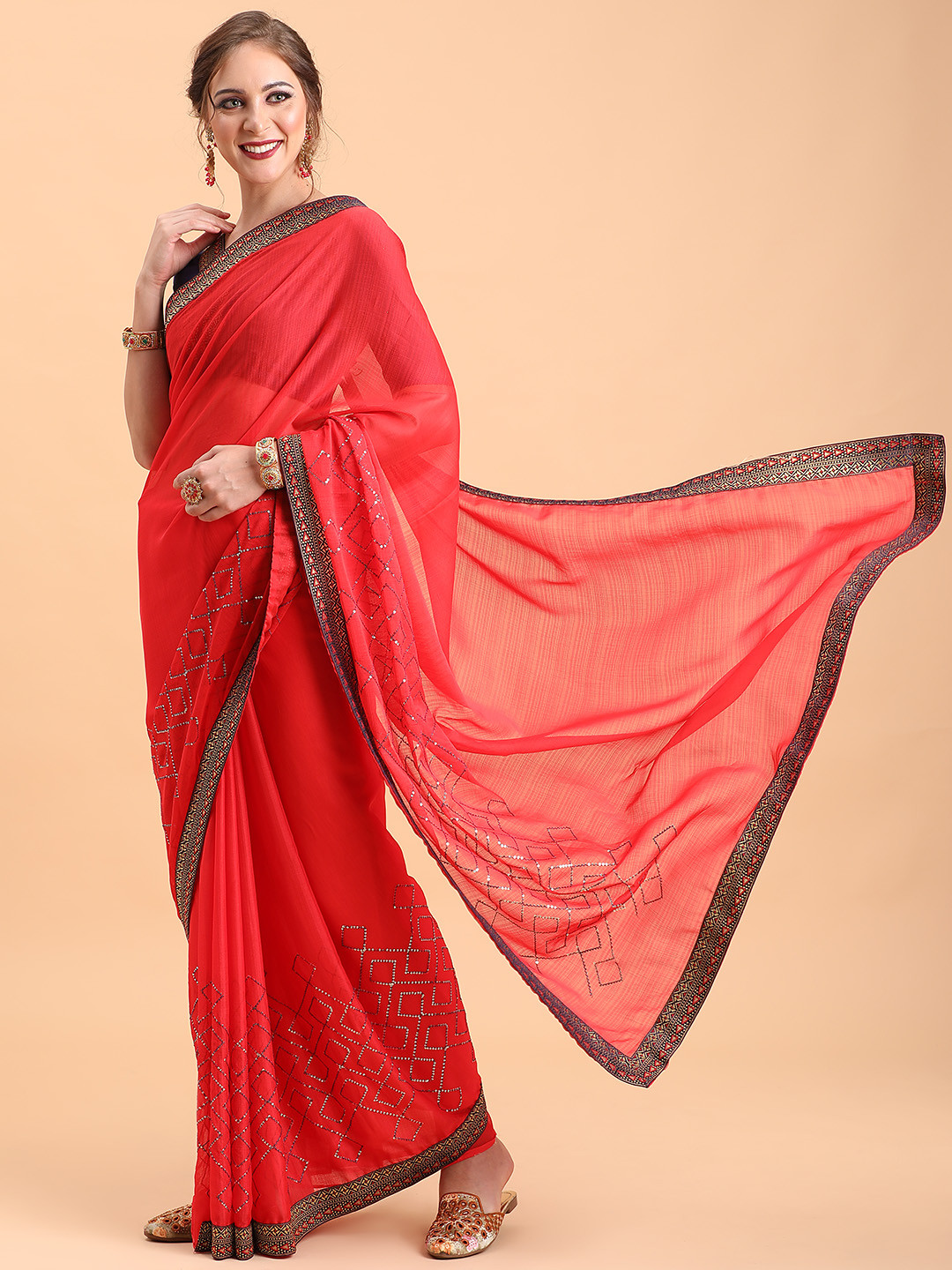 SangriaRed Silk Blend Geometric Sequinned Saree