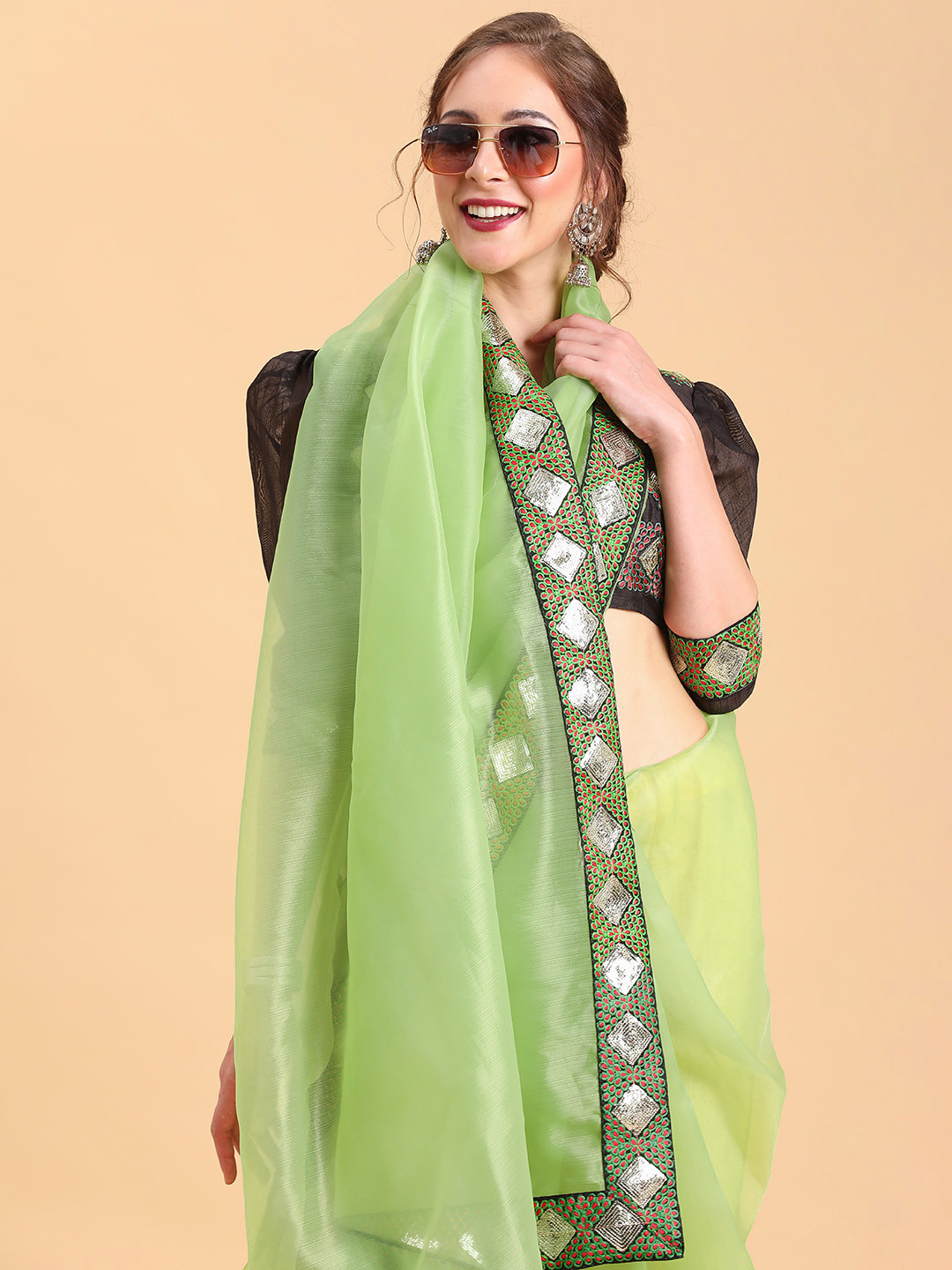 Sangria Lime Green & Black Kutchi Embroidery Organza Saree