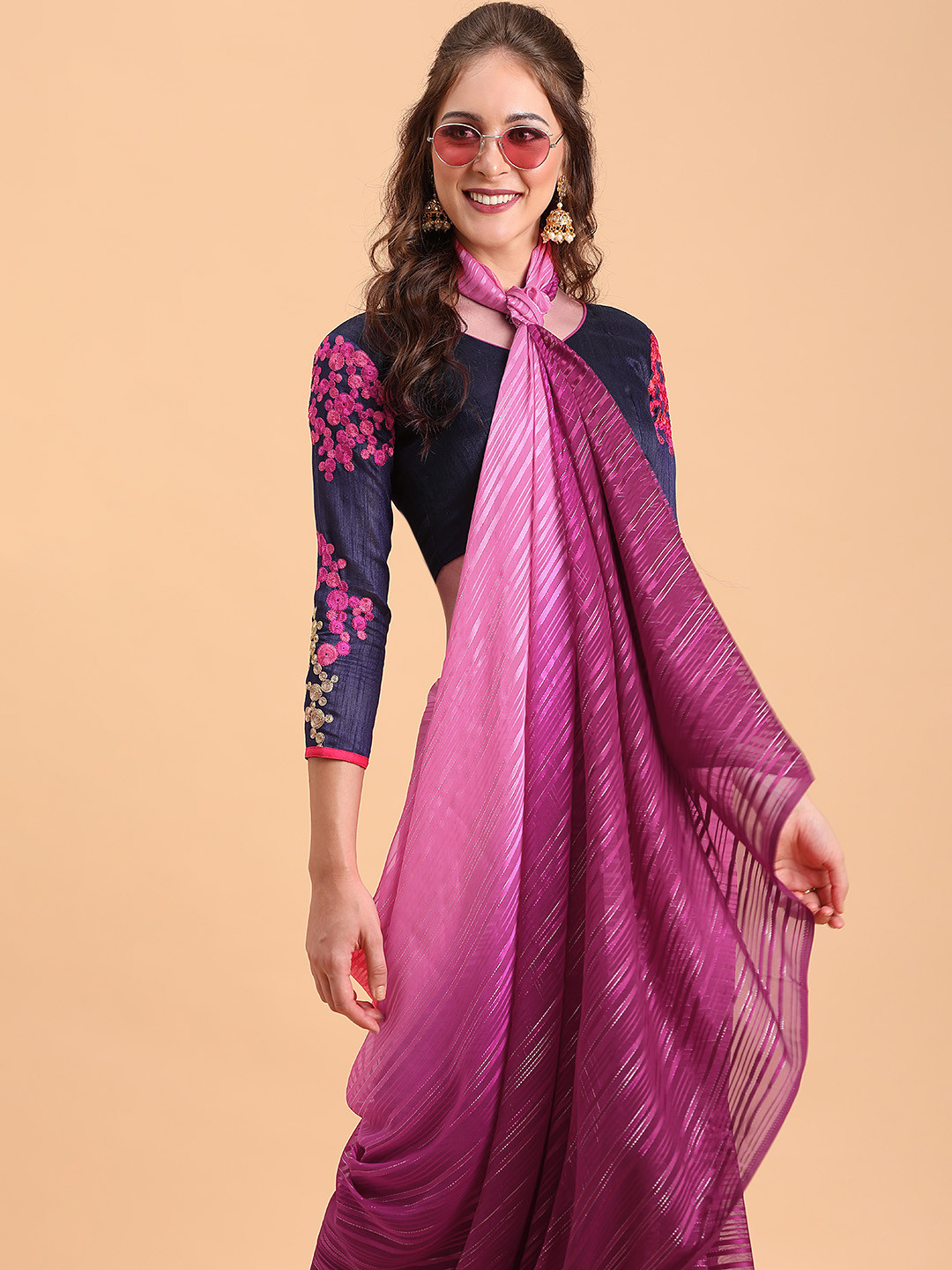 Sangria Pink & Magenta Striped Silk Blend Saree