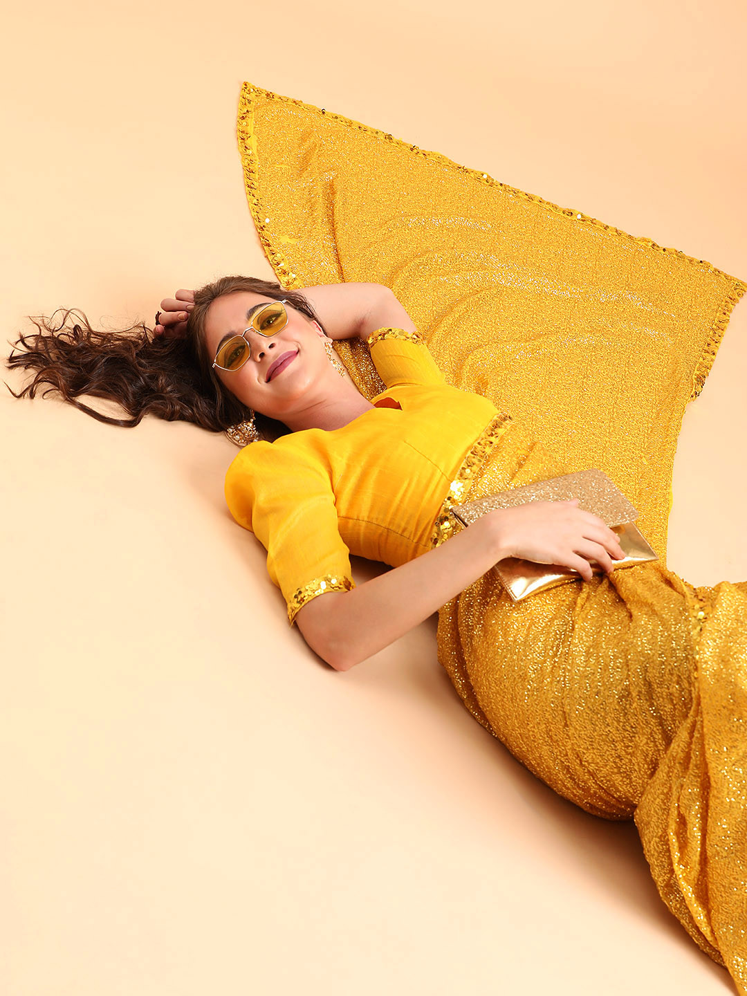 Sangria Mustard Yellow Embellished Sequinned Pure Georgette Heavy Work Saree