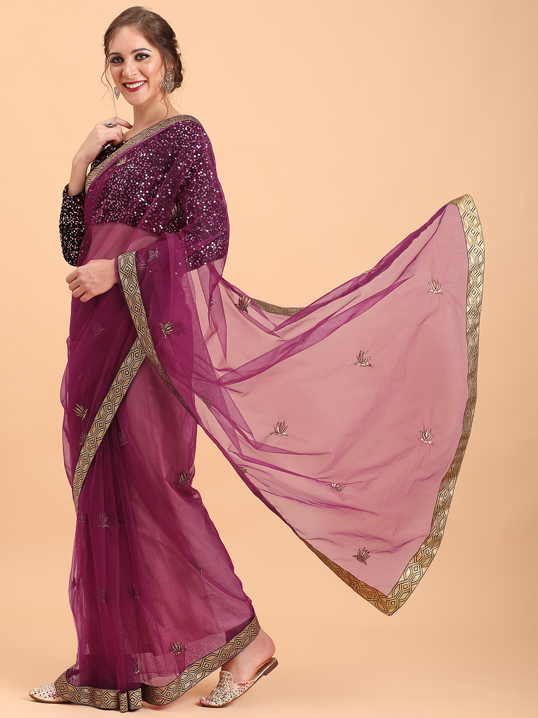 Sangria Burgundy & Gold-Toned Floral Embroidered Supernet Saree