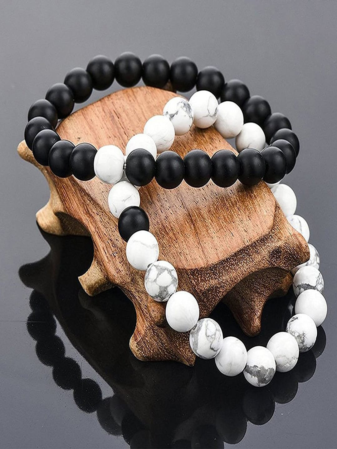 Shining Diva Fashion Men Set of 2 White  Black Reiki Yoga Healing Onyx and Howlite Bracelet