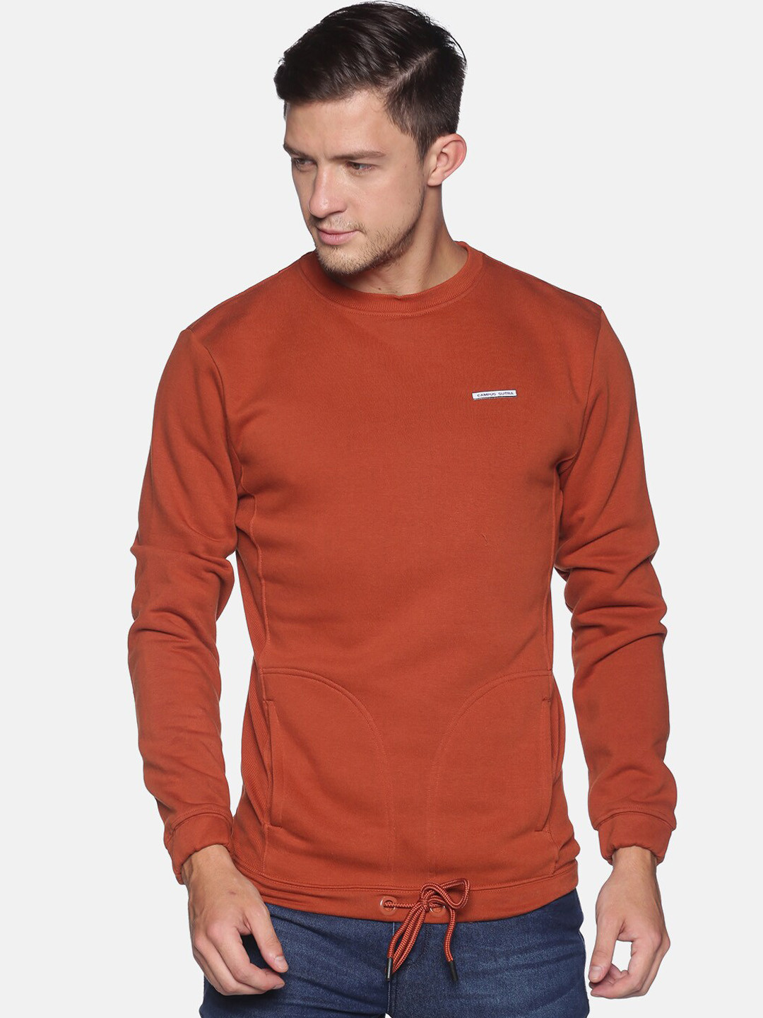 CAHOOT Men Rust Cotton Solid Pullover Sweatshirt With Tie-Up Hem