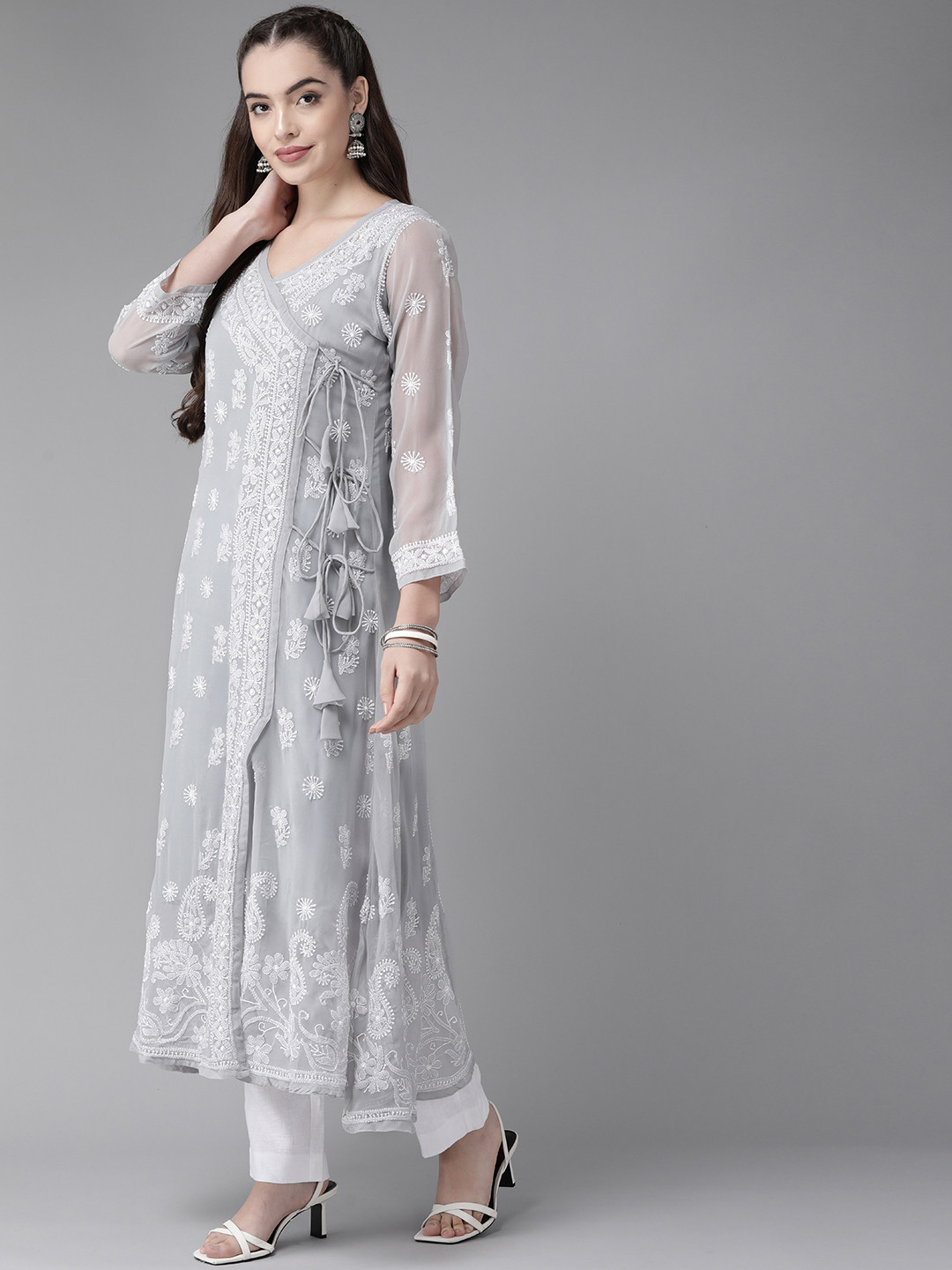 ADA Grey & White Chikankari Hand Embroidered Sustainable Angrakha A-Line Kurta with Inner