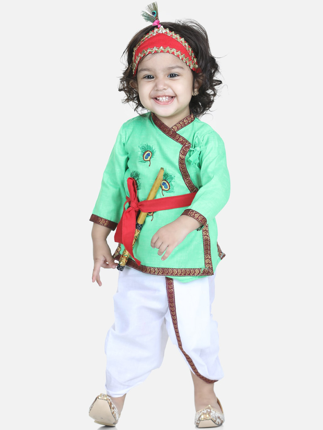 BownBee Boys Green & White Ethnic Motifs Cotton Angrakha Kurta With Dhoti Pants & Mukut