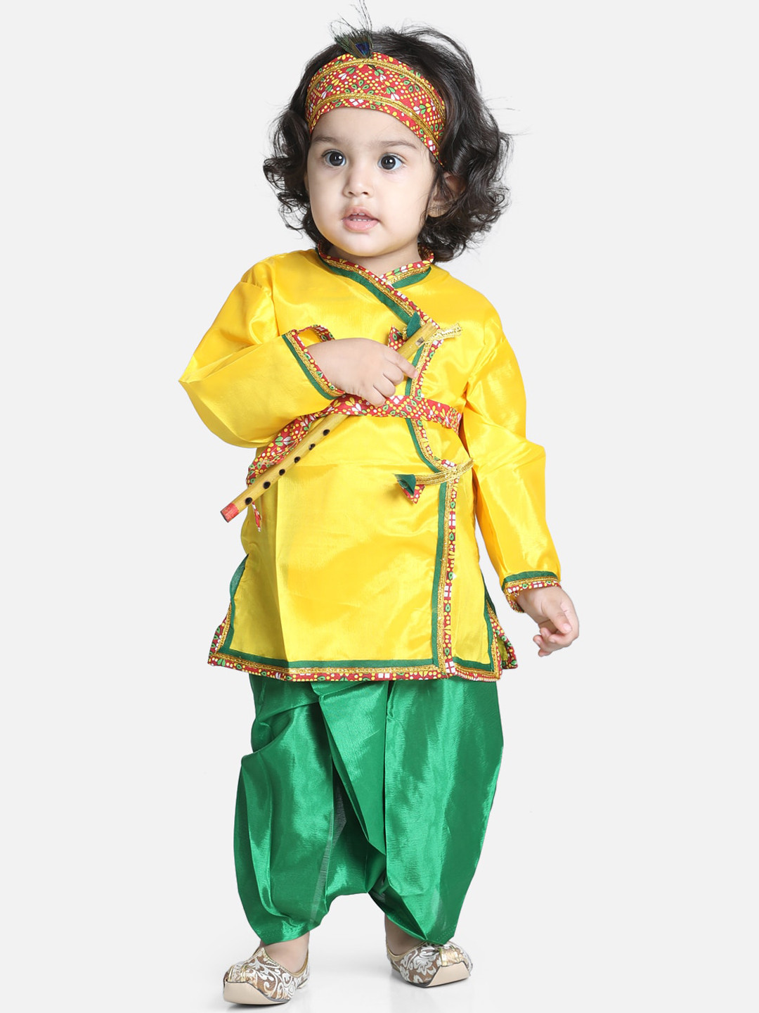 BownBee Boys Yellow Embroidered Janmashtami Angrakha Kurta & Dhoti With Mukut & Bansuri