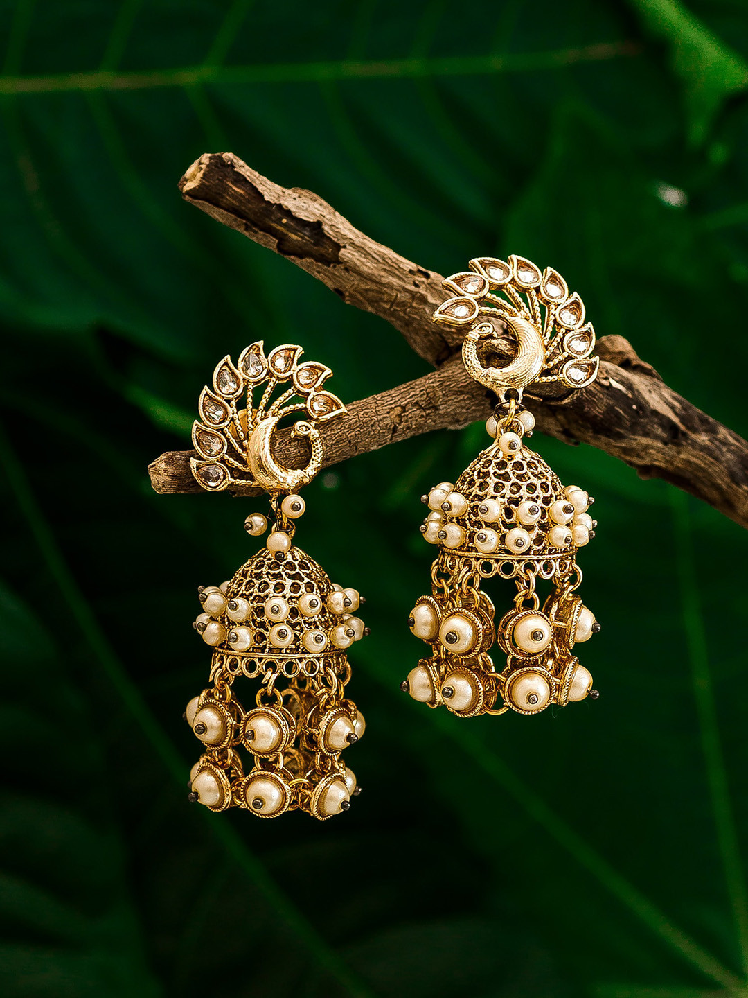 Aadita Gold-Toned Peacock Gold Plated Jhumkas Earrings
