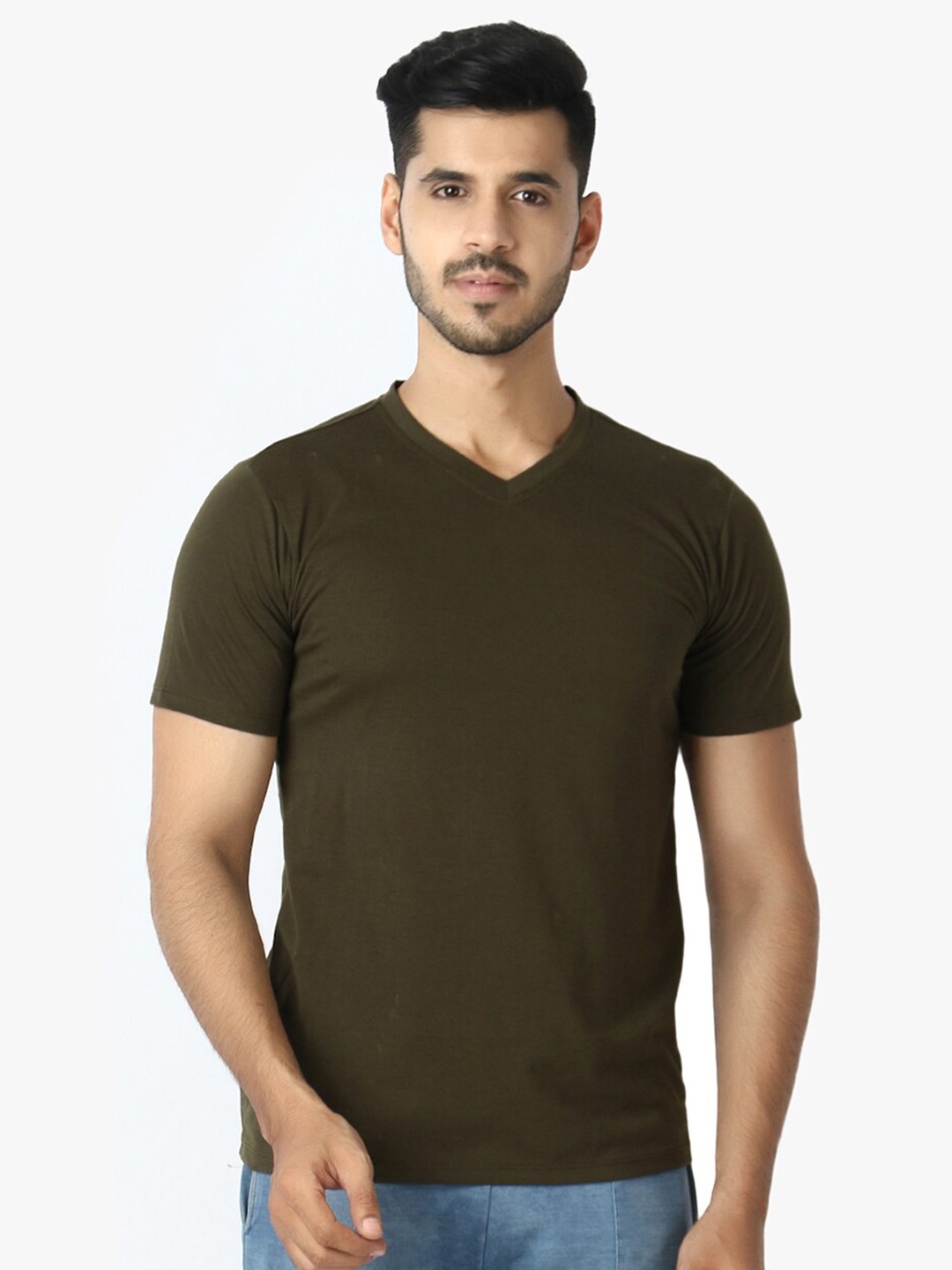 LE BOURGEOIS Men Olive Green V-Neck T-shirt