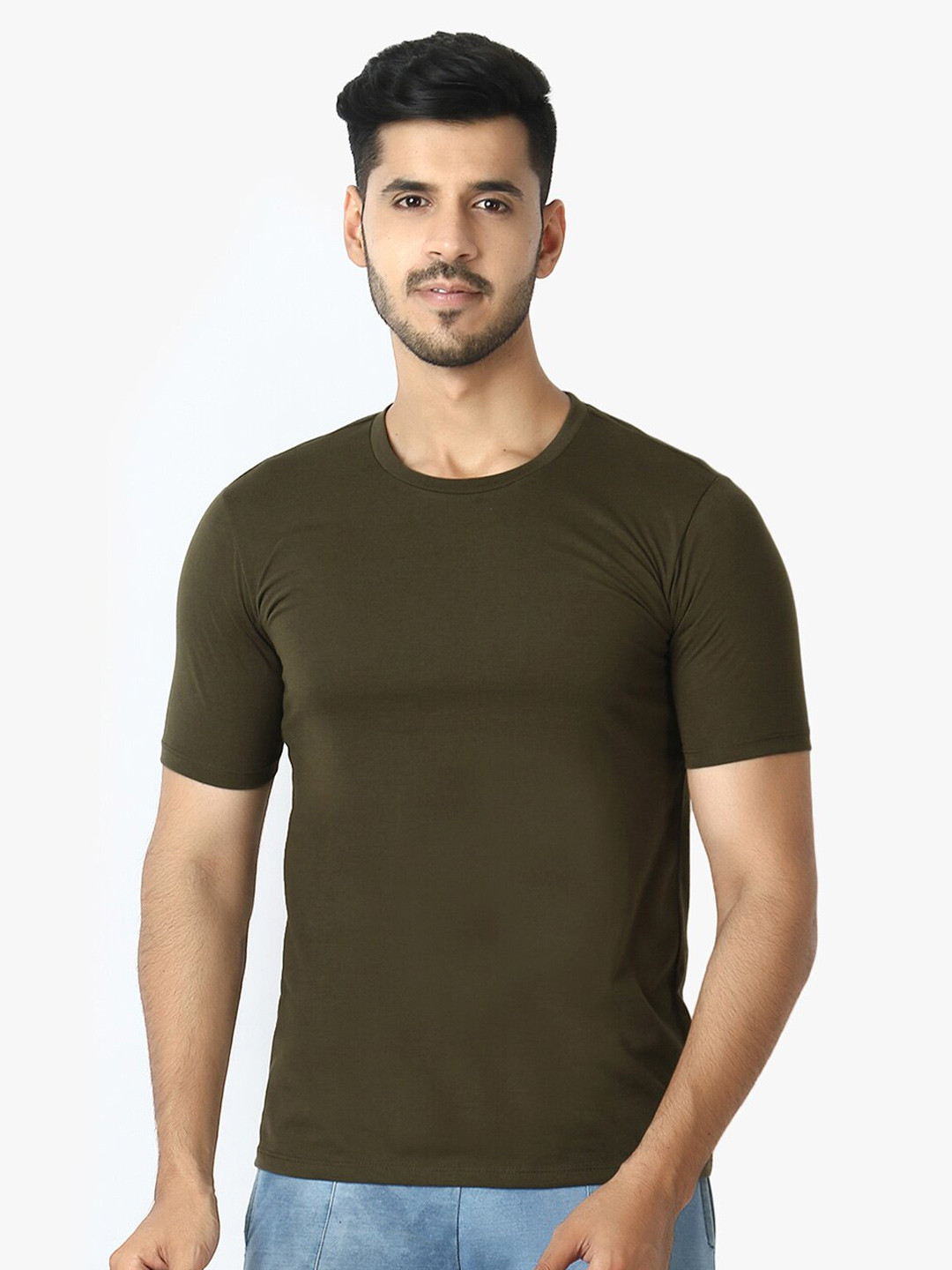 LE BOURGEOIS Men Olive Green Round Neck Cotton Pure Cotton T-shirt