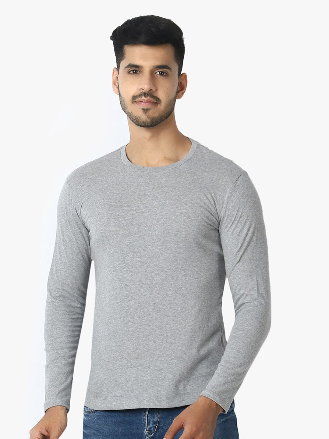 LE BOURGEOIS Men Grey Round Neck Full Sleeve Casual T-Shirt