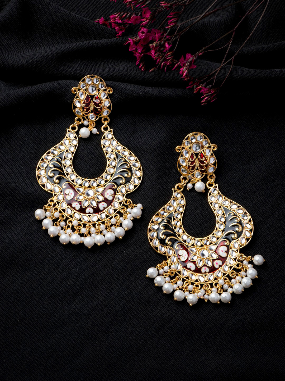 MORKANTH JEWELLERY Woman Gold-Toned & Maroon Contemporary Chandbalis Earrings