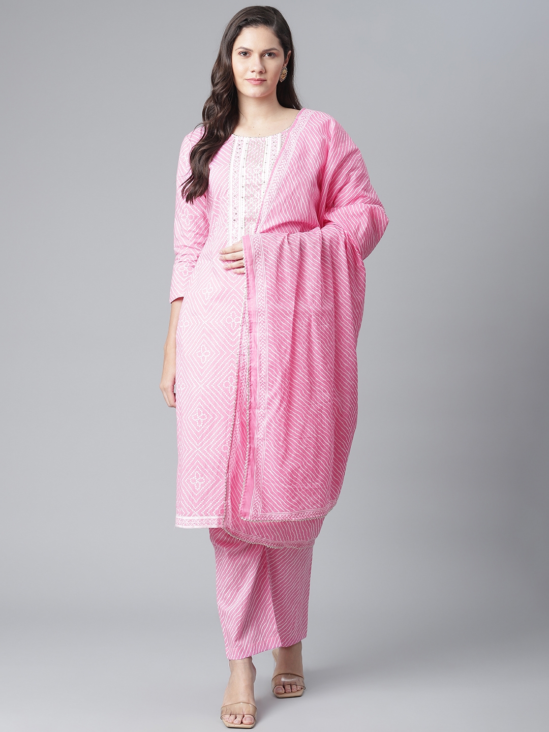 Readiprint Fashions Pink   White Cotton Bandhani Printed Unstitched Dress Material