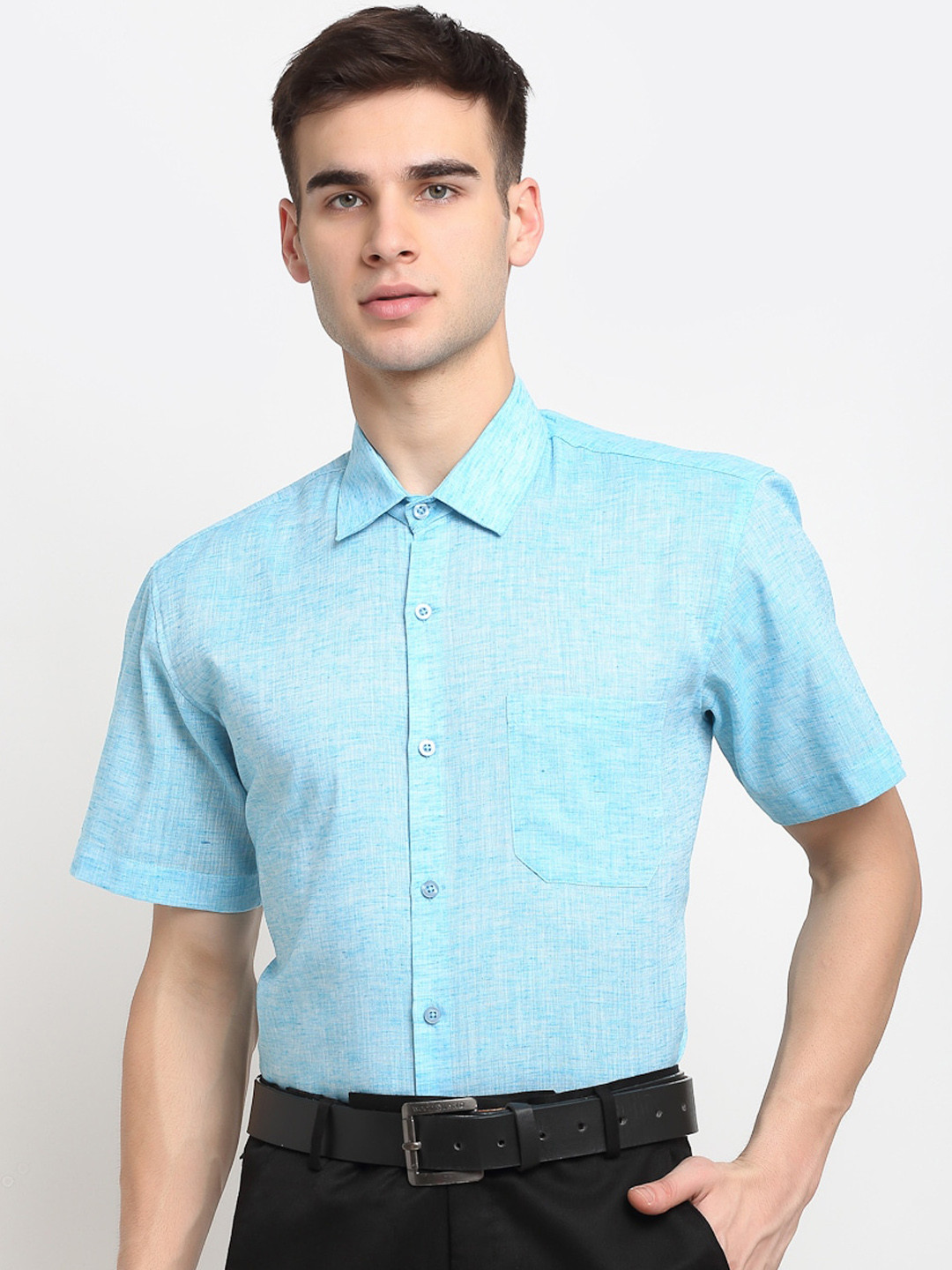 JAINISH Men Turquoise Blue Cotton Short Sleeves Formal Shirt