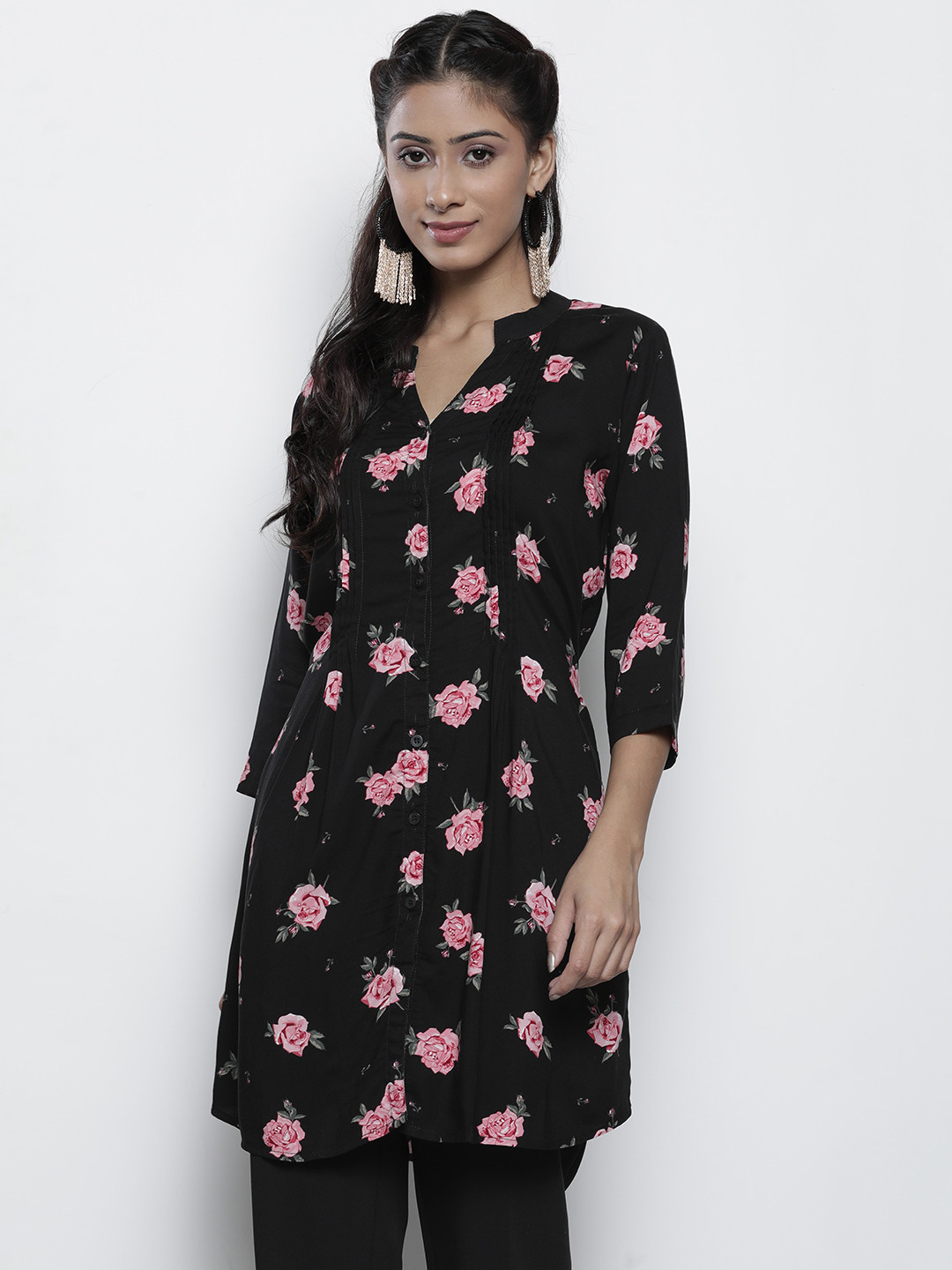 One Femme Black & Pink Pintucks Mandarin Collar Printed Tunic