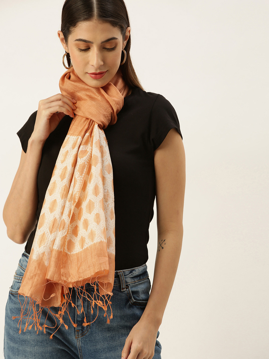 ArtEastri Women Orange & Off White Woven Design Pure Silk Shibori Stole