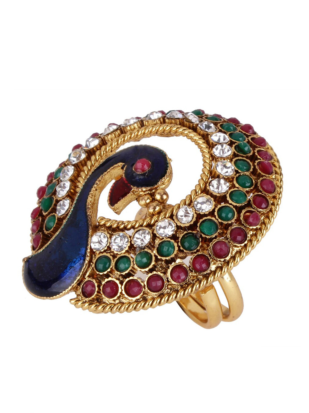 Shining Diva Gold-Plated Navy Blue & Green Stone-Studded Meenakari Adjustable Finger Ring