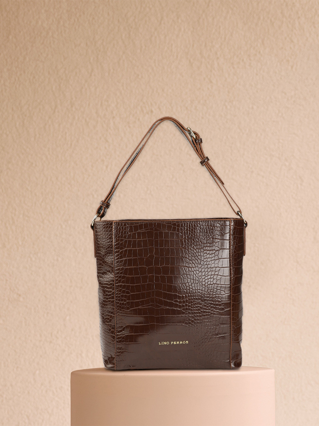 Lino Perros Coffee Brown Croc Textured Shoulder Bag