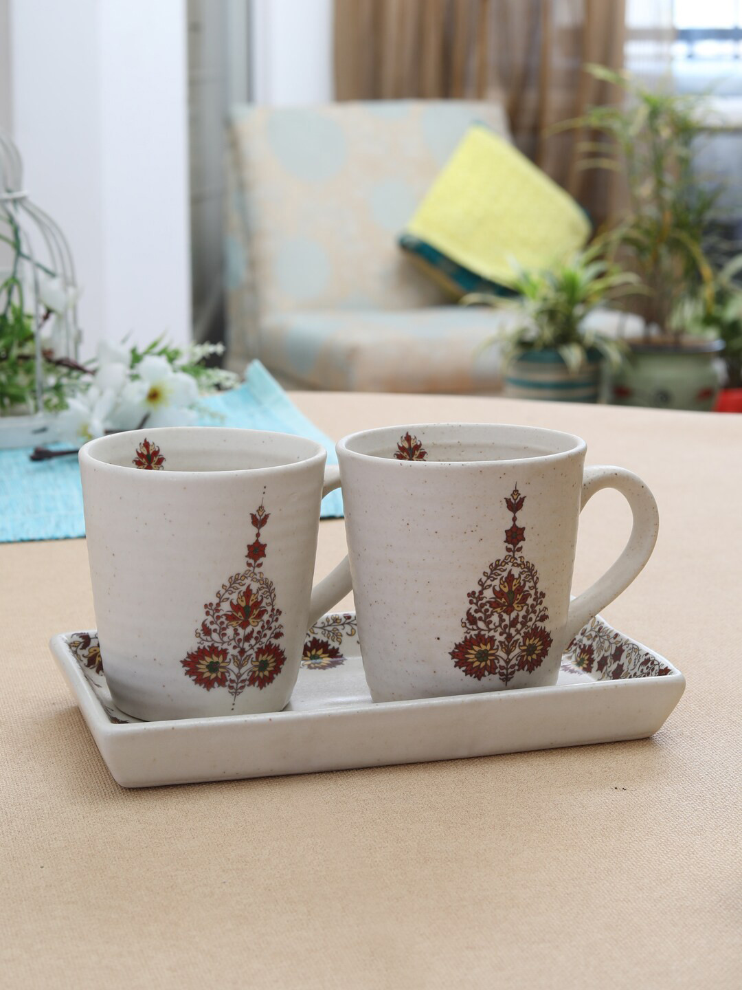 MIAH Decor Cream Ethnic Motifs Stoneware Handmade 2 Piece Mugs with Tray-300ml