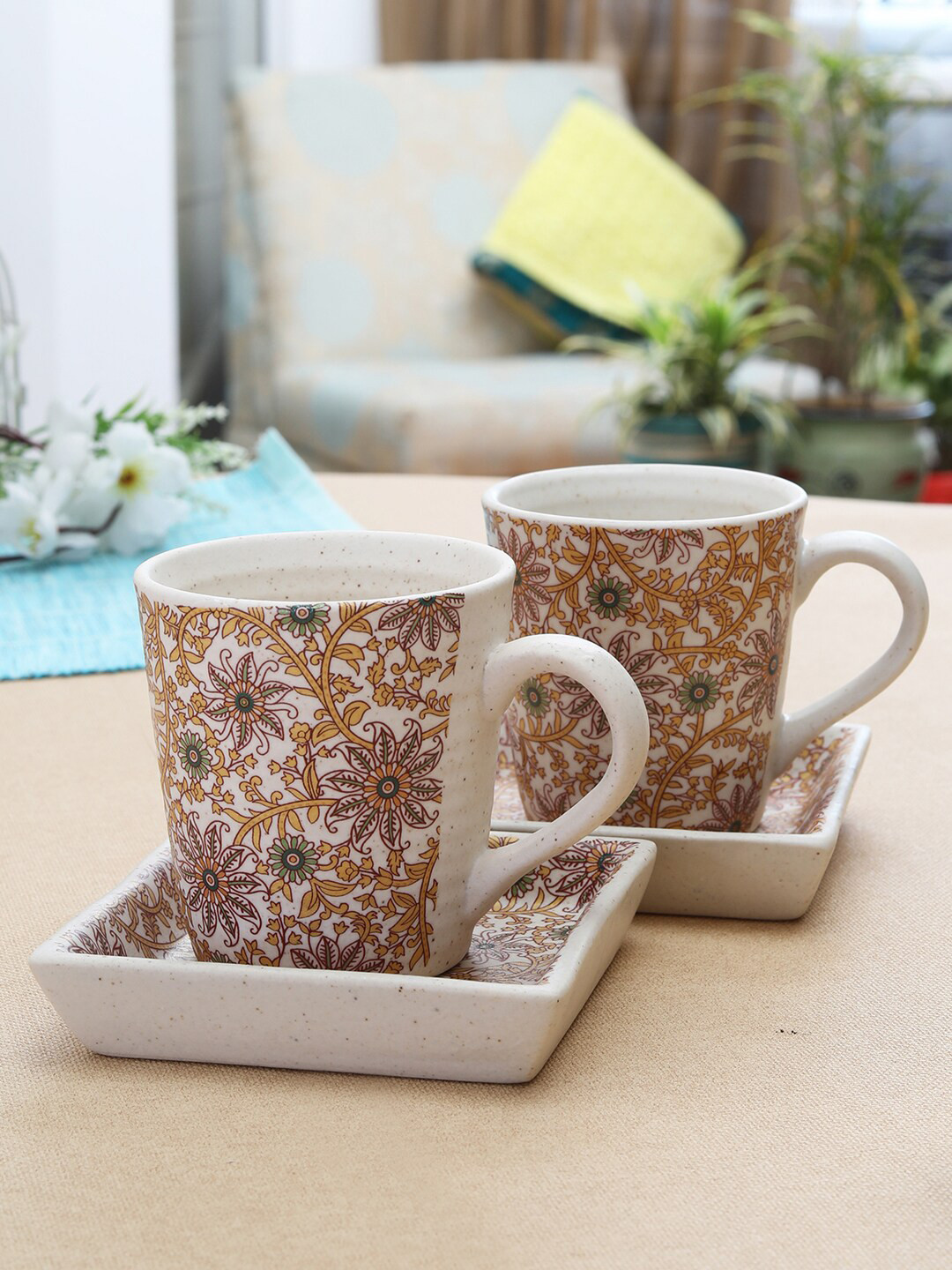 MIAH Decor Ruby Pixel White Floral Stoneware Handmade 2 Piece Mugs with 2 Platters-150ml