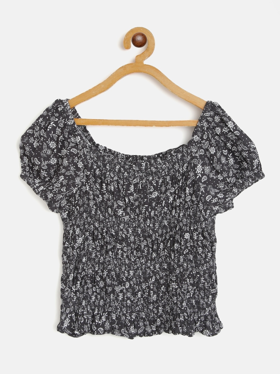 Marks & Spencer Girls Charcoal Grey & White Ditsy Floral Print Smocked Crop Bardot Top