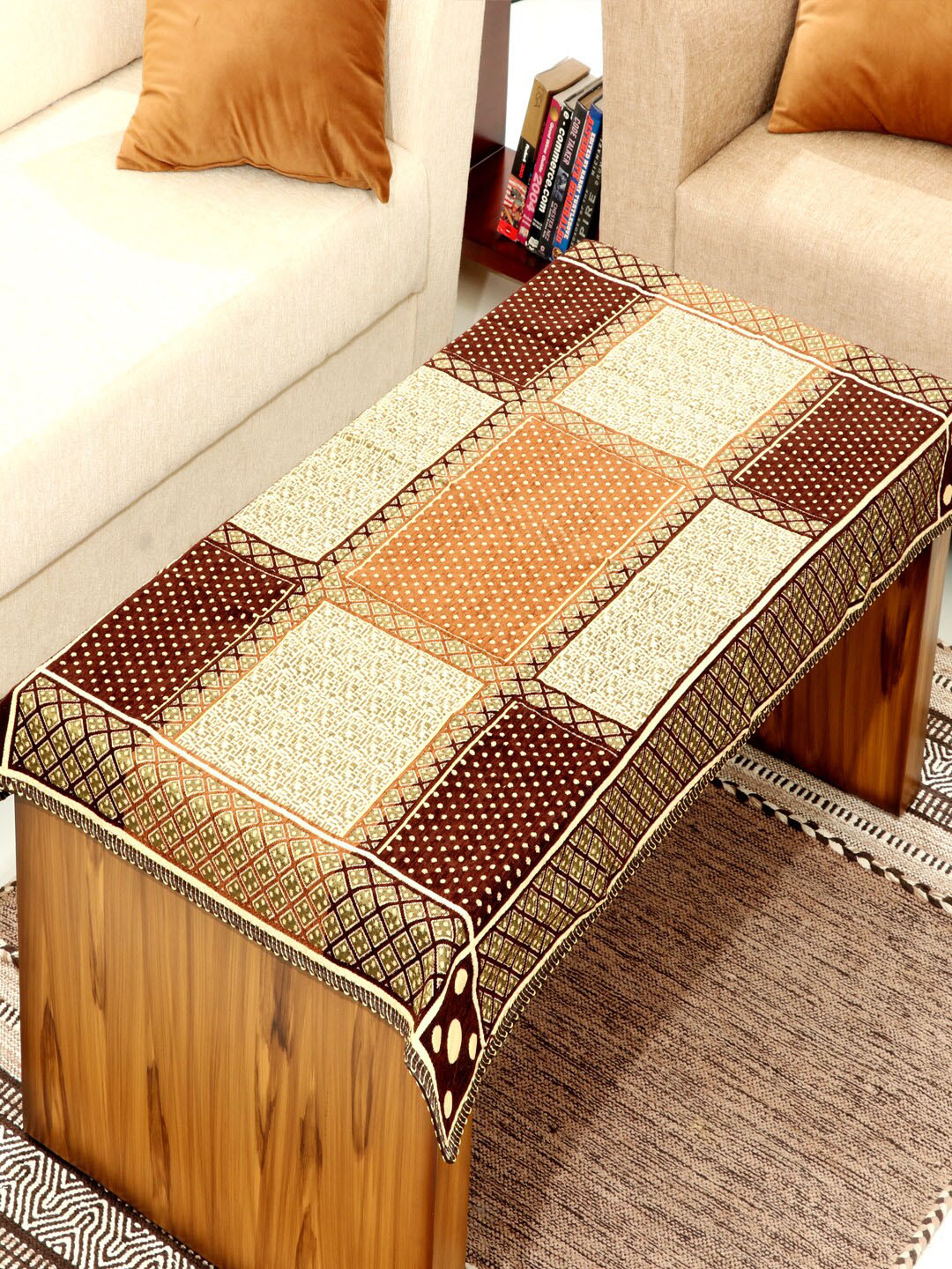 BELLA TRUE Brown & Beige Printed Chennile Designer Table Cover