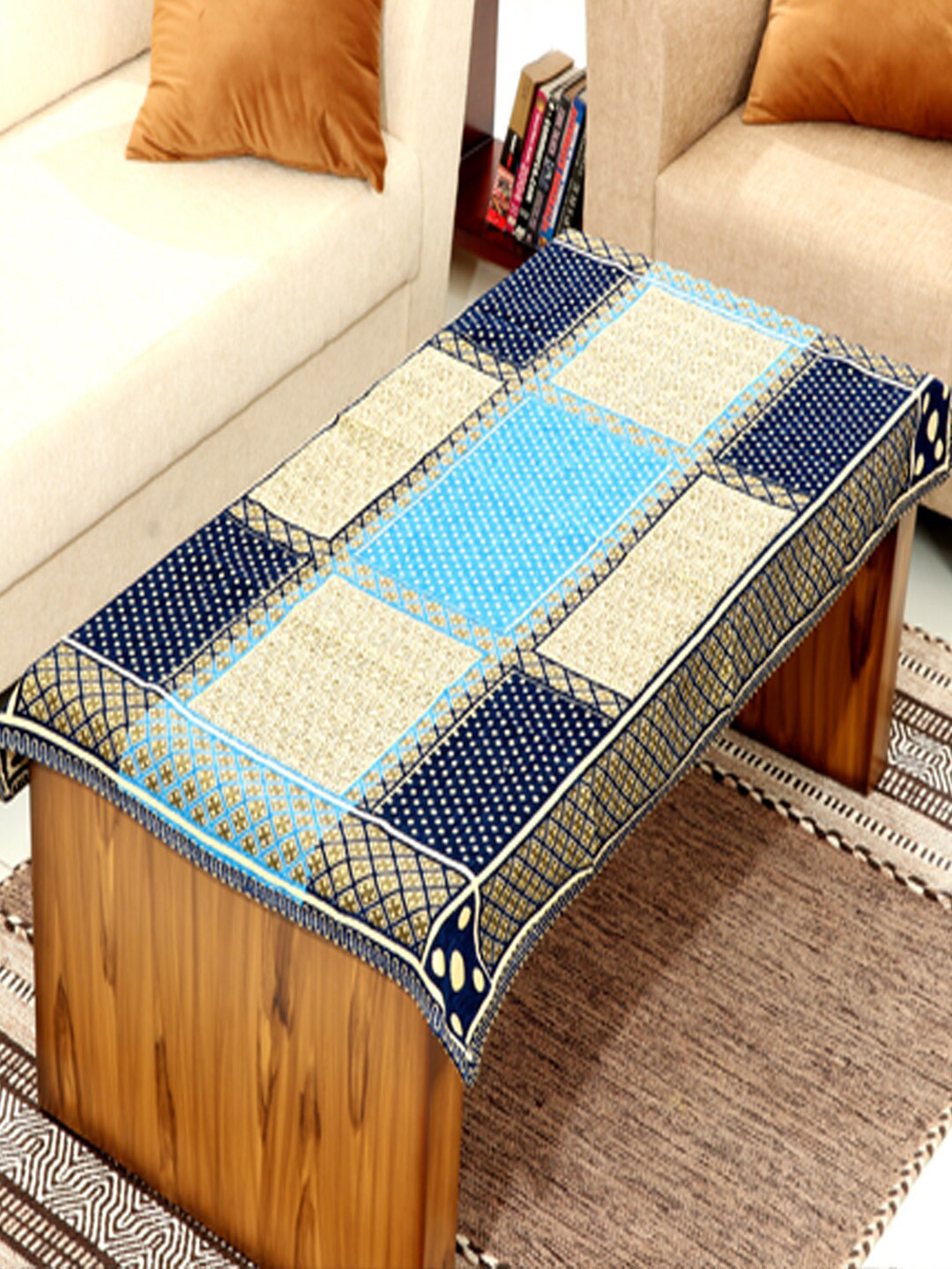 BELLA TRUE Blue & Beige Woven-Design Rectangular Table Cover