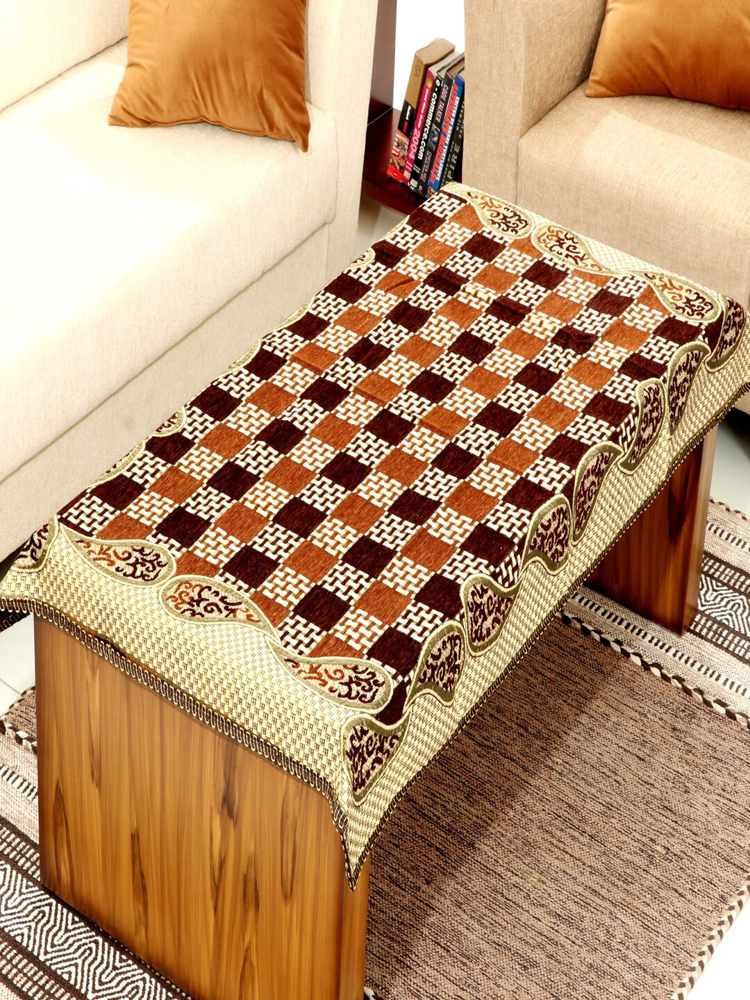 BELLA TRUE Brown & Beige Printed Chennile Designer Table Cover