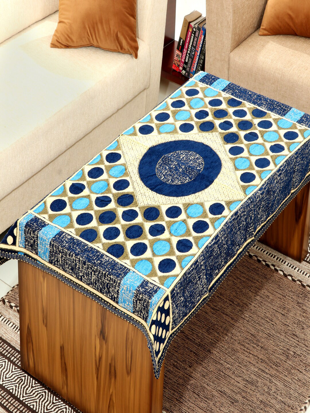 BELLA TRUE Blue & Beige Printed Chennile Designer Table Cover
