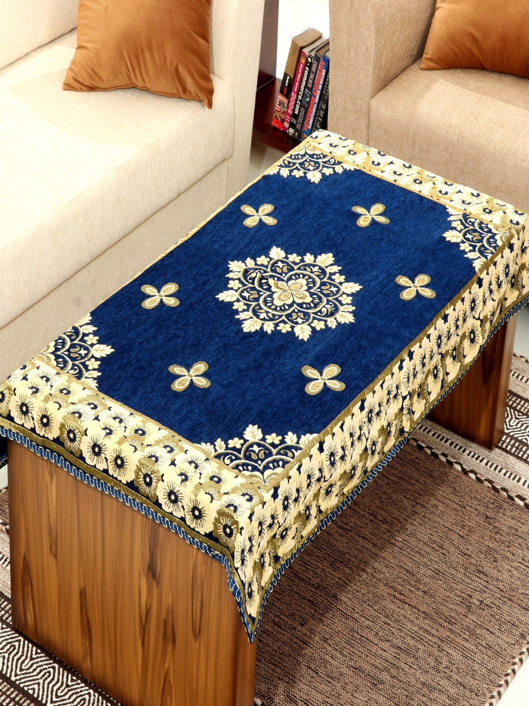 BELLA TRUE Blue & Beige Woven-Design Rectangular Table Cover