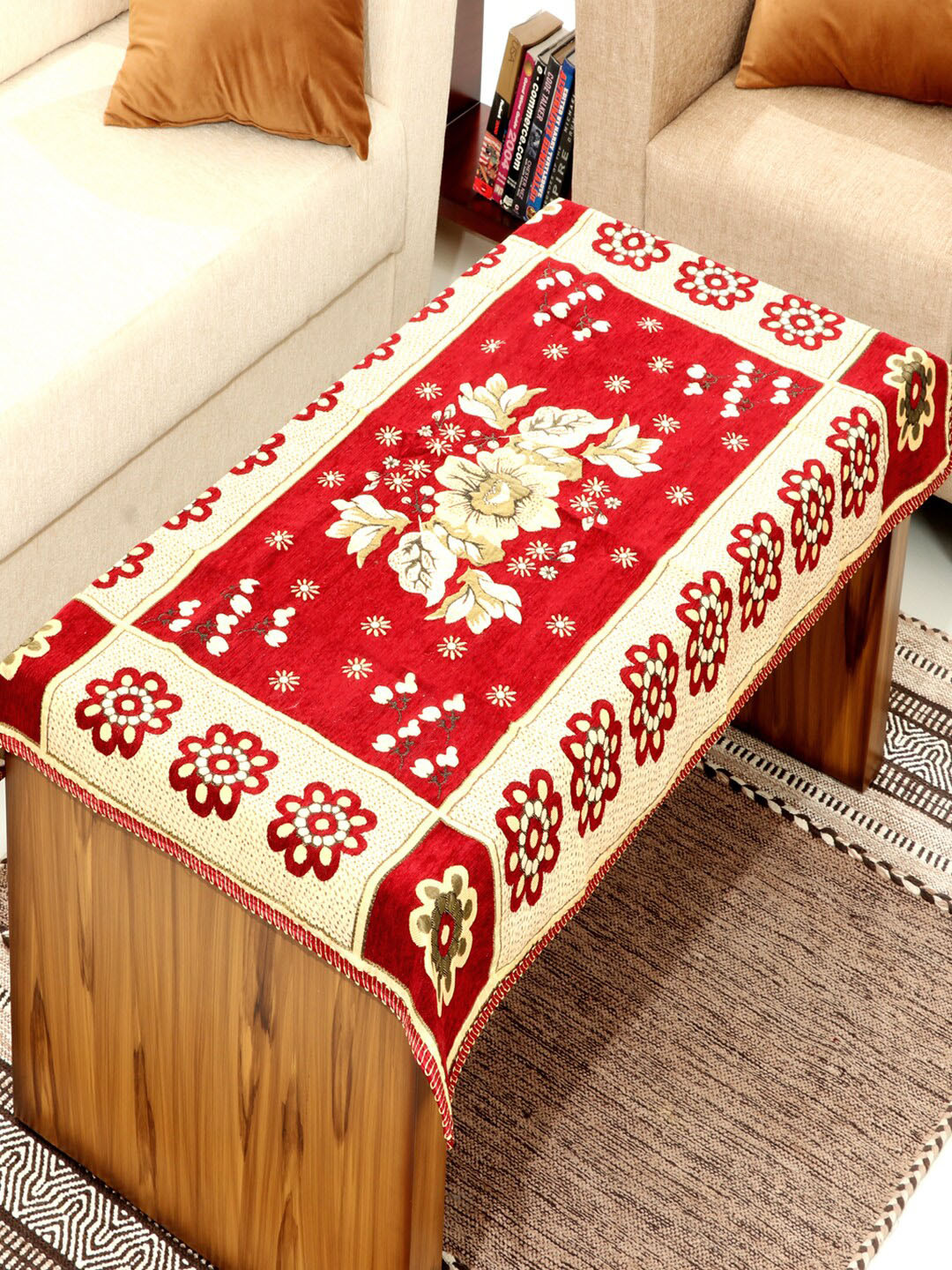 BELLA TRUE Red & Beige Floral Printed Rectangular Table Cover