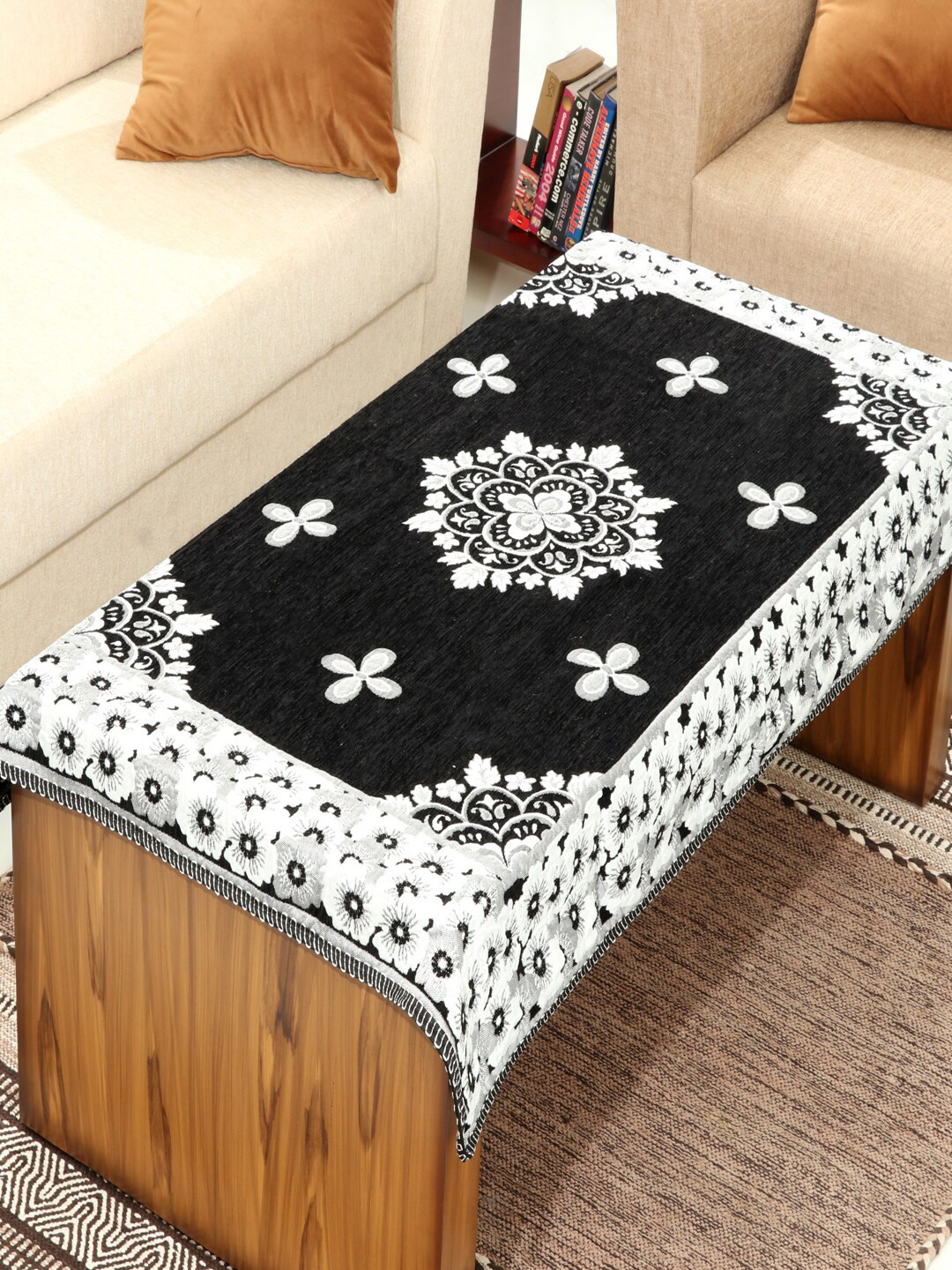 BELLA TRUE Black & White Printed Chennile Designer Table Cover