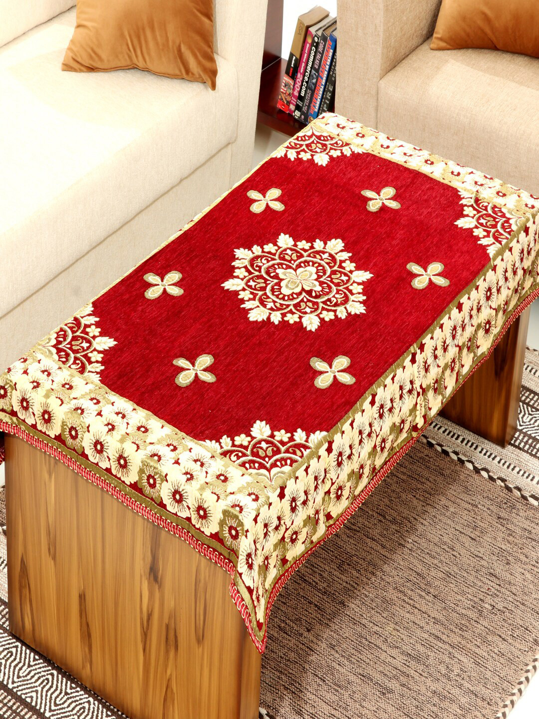 BELLA TRUE Red & Beige Woven-Design Rectangular Table Cover