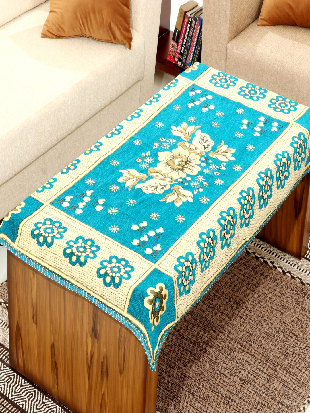BELLA TRUE Blue & Beige Woven-Design Rectangular Table Cover