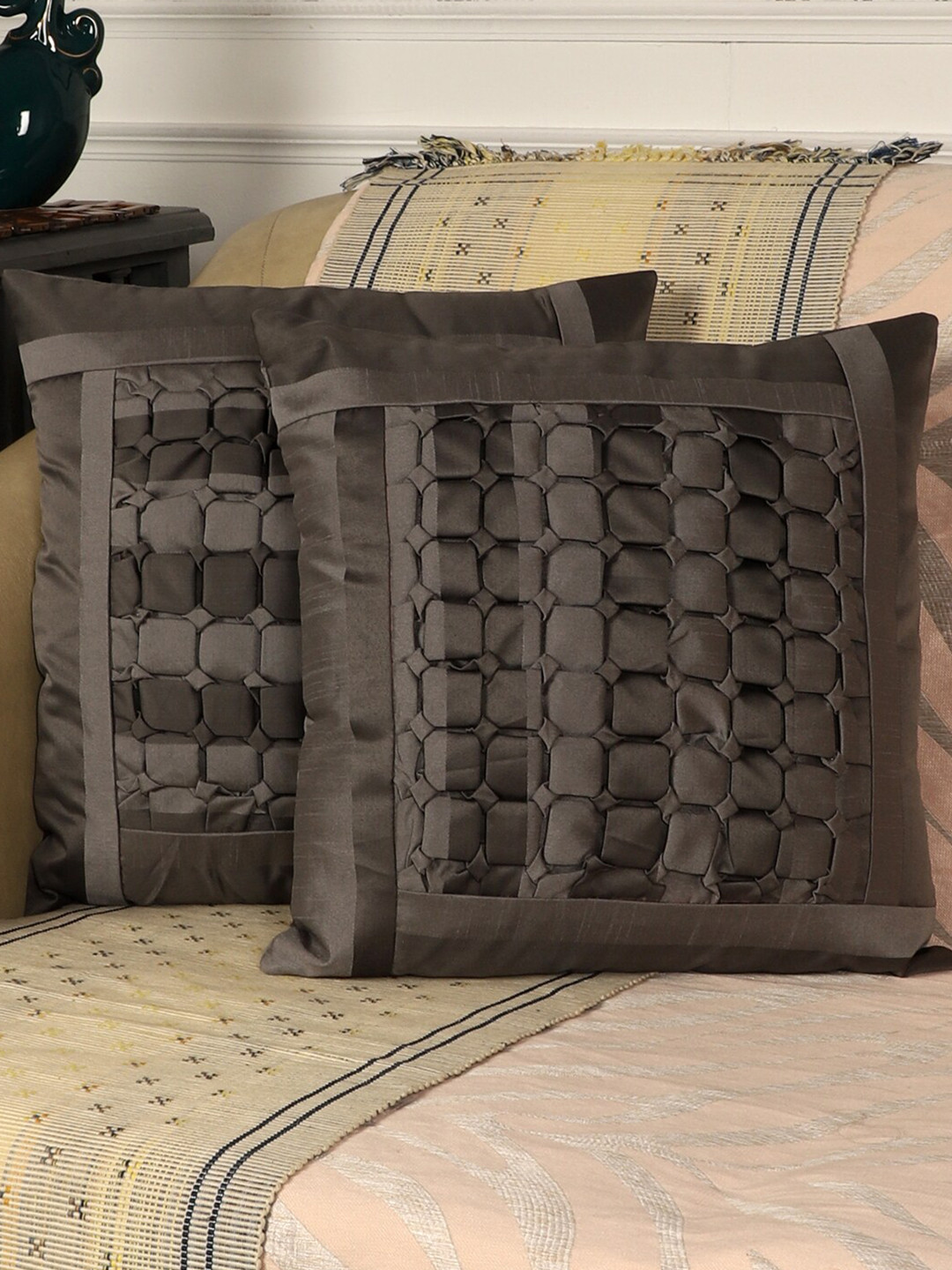 MFD HOME FURNISHING Grey Checked Cotton Silk Washable 2 Pcs Square Cushion Covers -16x16In