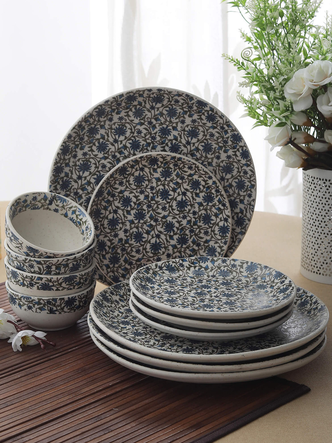 MIAH Decor Hand Crafted Cream Floral Stoneware Microwave Safe 12 Piece Dinner Set