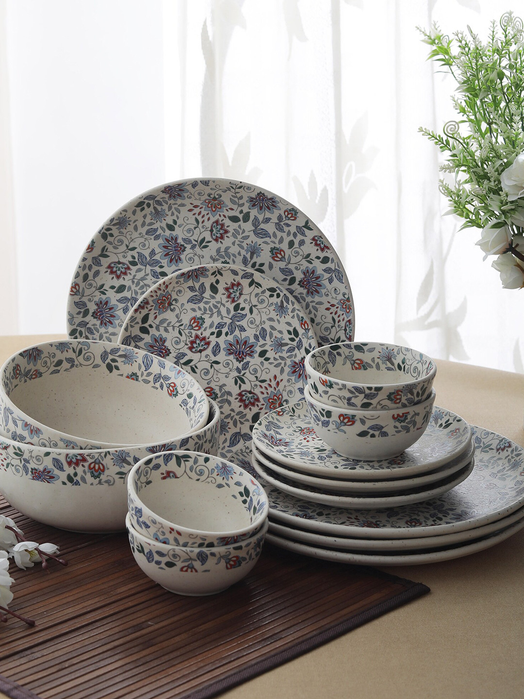 MIAH Decor Midsummer night's Dream Collection Hand Crafted Cream Floral Stoneware Microwave Safe 14 Piece Dinner Set