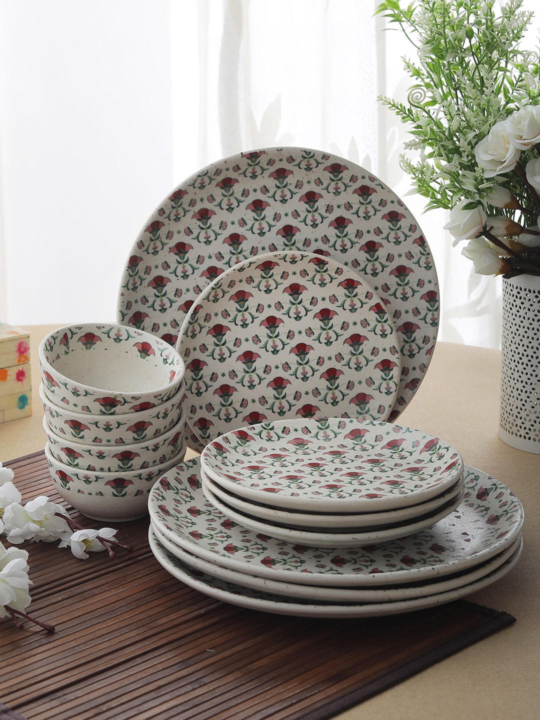 MIAH Decor Meadow Fresh Collection Hand Crafted Cream Floral Stoneware Dishwasher and Microwave Safe 12 Piece Dinner Set