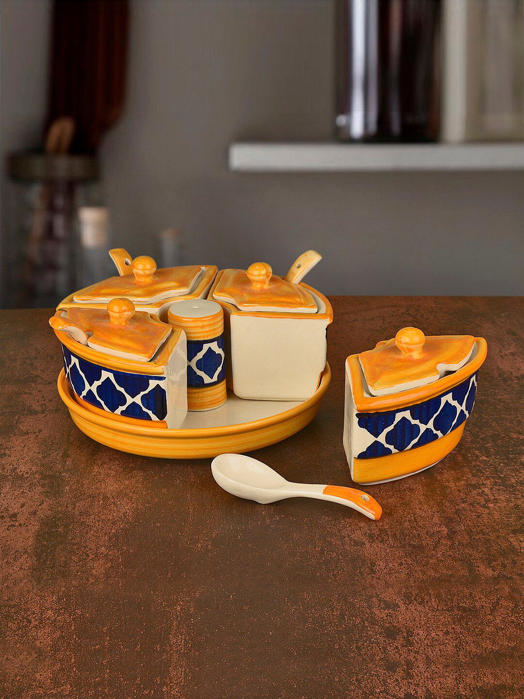 StyleMyWay Blue & Yellow Handpainted Ceramic Pickle Serving Jar Set with Salt Dispenser