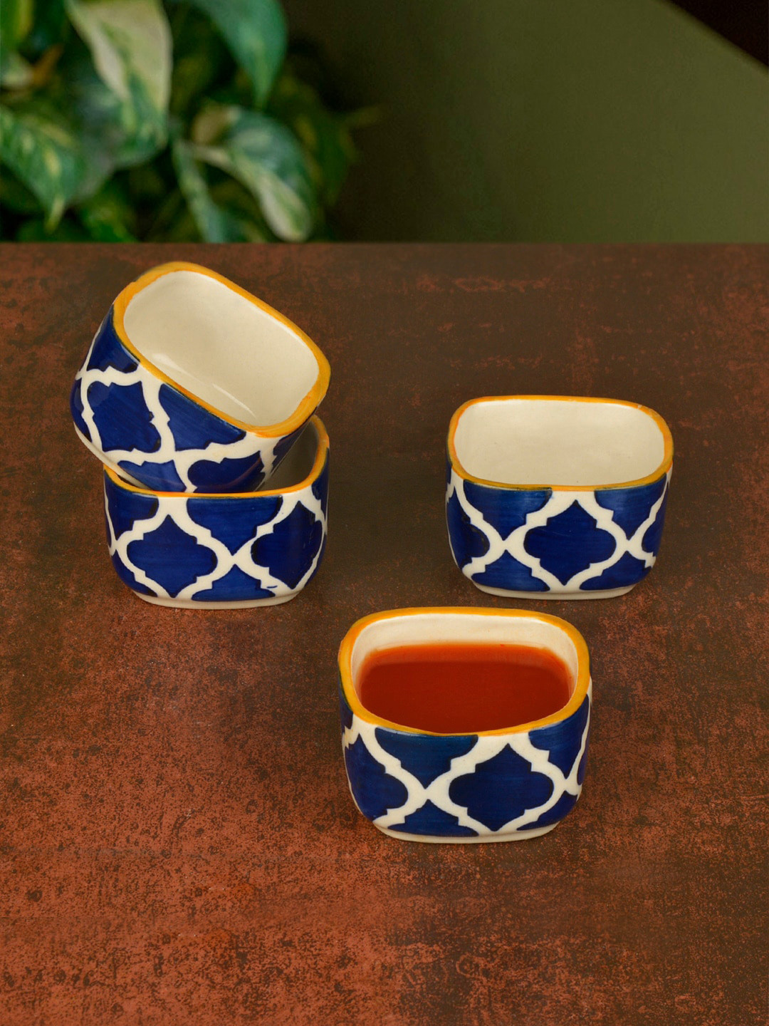 StyleMyWay Set Of 4 Blue & White Handpainted Ceramic Square Dip Bowls