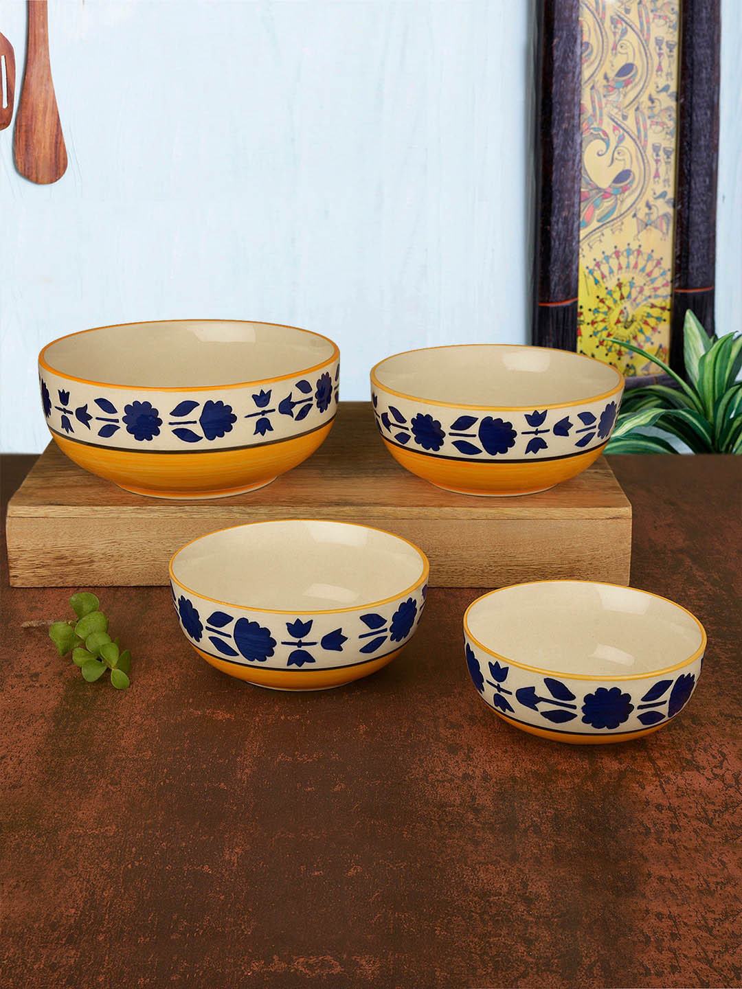 StyleMyWay Set Of 4 White & Blue Studio Pottery Handpainted Ceramic Serving Bowls