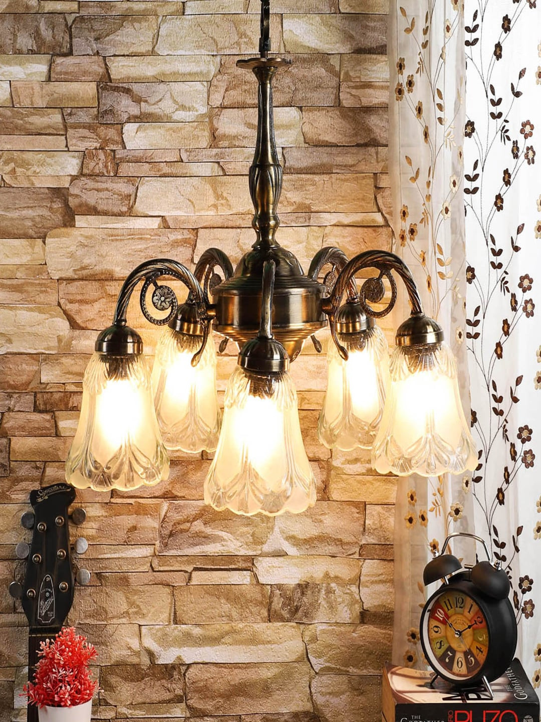 MFD HOME FURNISHING Gold-Toned & Transparent Iron Quirky Ceiling Chandelier