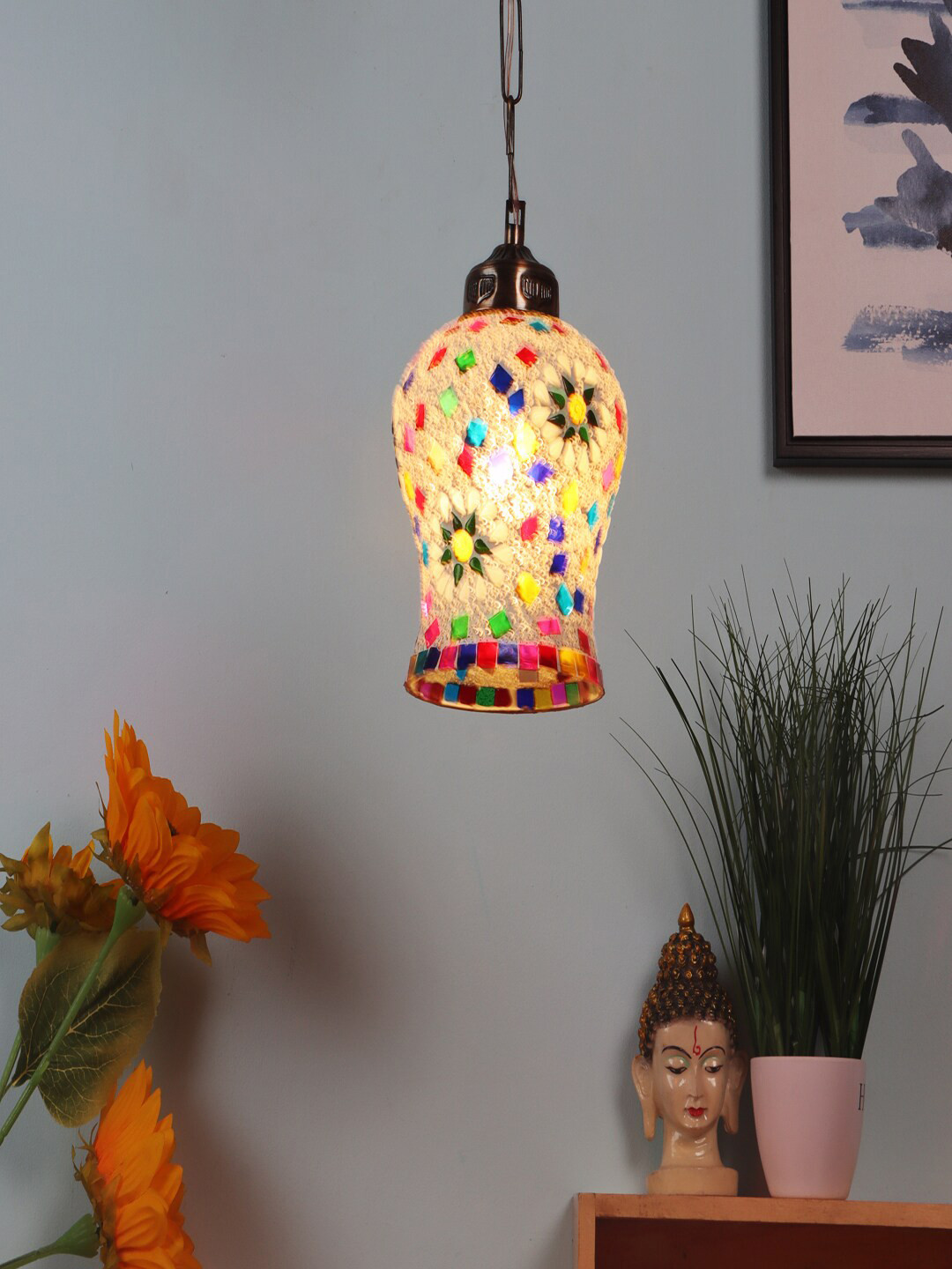 MFD HOME FURNISHING Cream-Coloured & Gold-Toned Glass Quirky Hanging Light