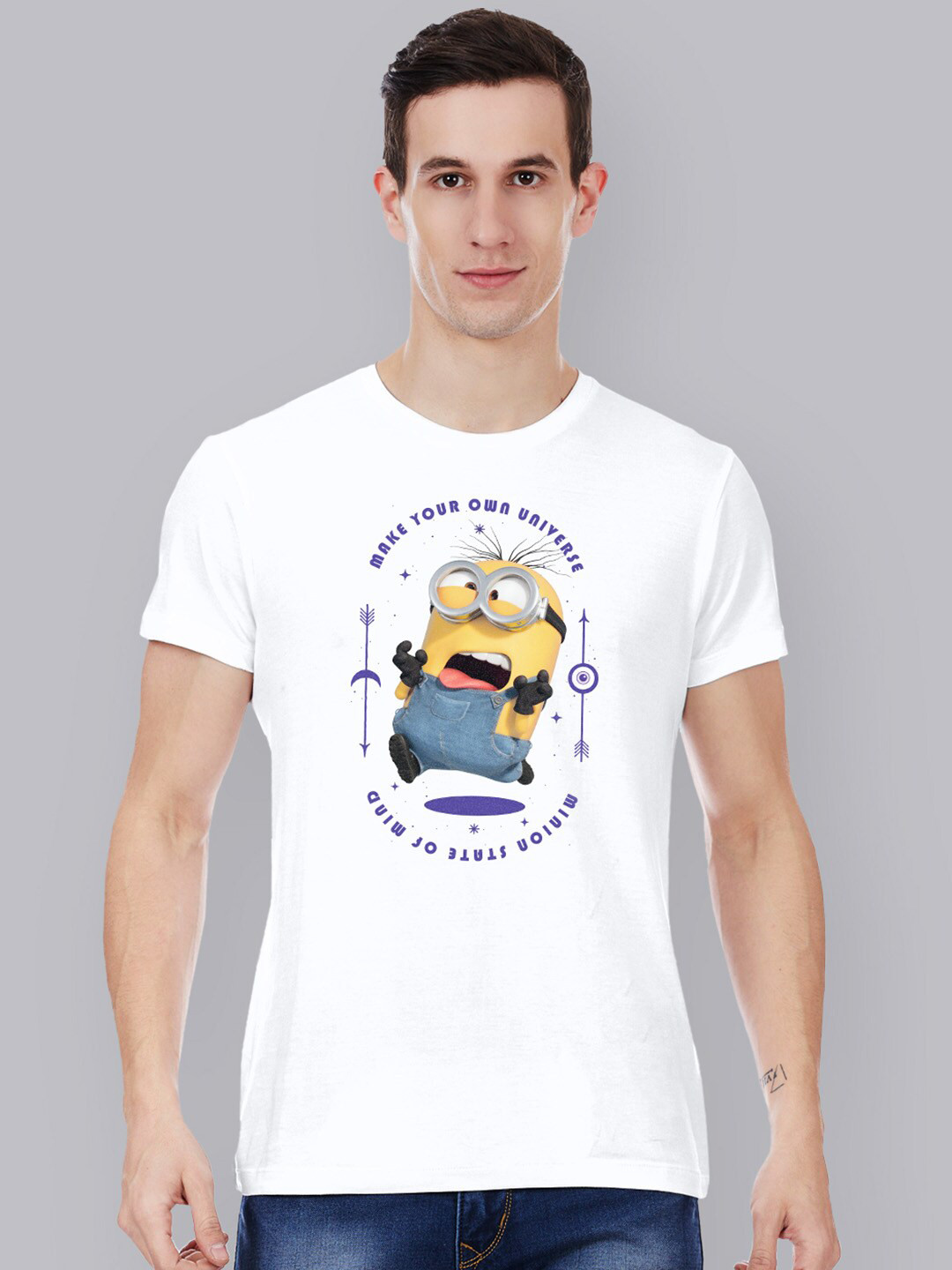 Free Authority Men White Minions Printed Cotton Pure Cotton T-shirt