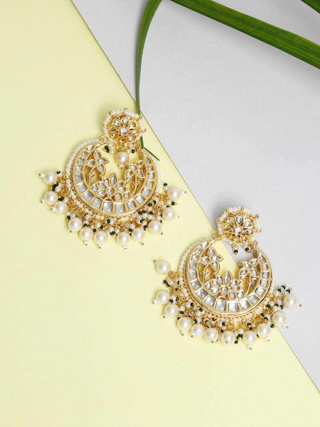 Ruby Raang Gold-Toned Kundan Studded & Beaded Contemporary Drop Earrings