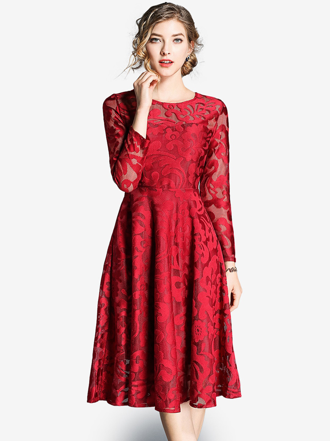 JC Collection Women Red Floral Self Designed Fit & Flare Midi Dress