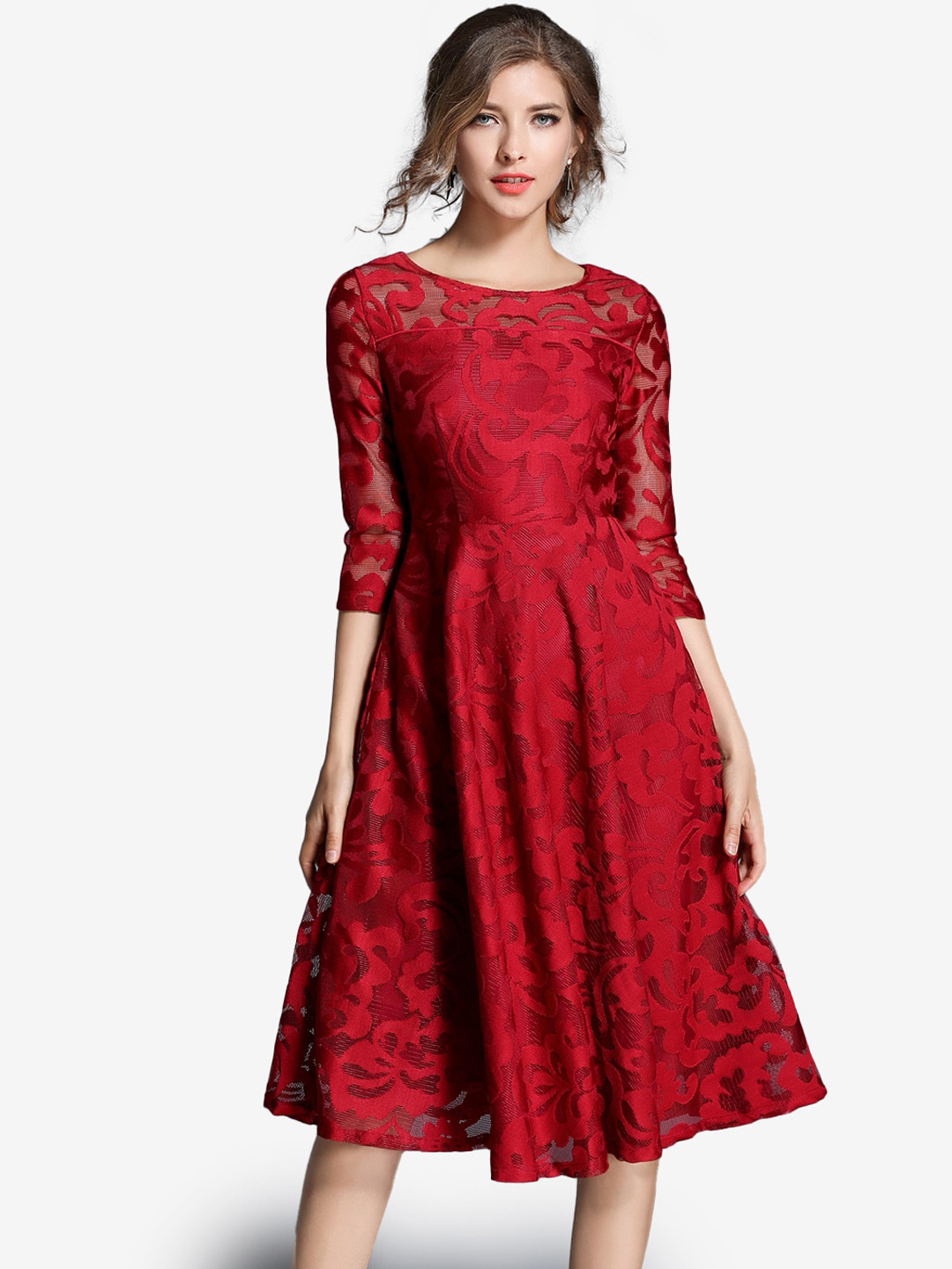 JC Collection Red Self Design Fit & Flare Dress